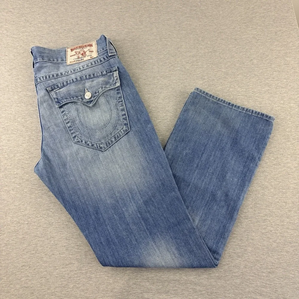 True Religion Men's Blue Straight‎ Leg Flap Pocket Jeans Size 36 Y2K Vintage